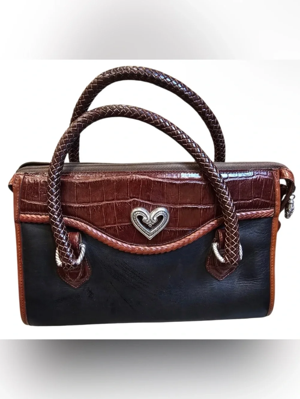 Vintage Brighton Black & Brown Leather Croc Trim Satchel with Heart Accent